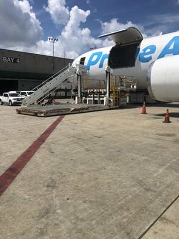 Aircraft and ground equipment on an Atlanta cargo ramp