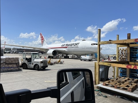 Cargo aircraft positioned for loading